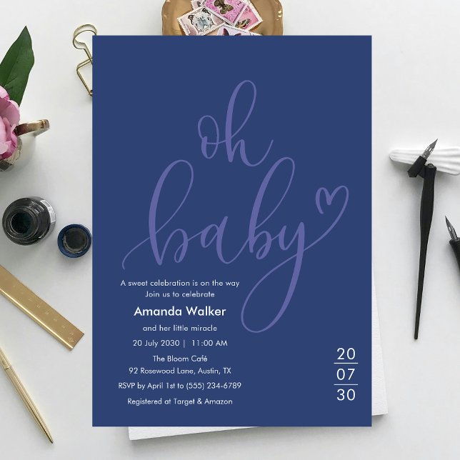 Invitation Oh Bébé ! Typographie minimale Fête bébé bleu (Oh Baby! Minimal Elegant Blue Script Baby Shower Invitation)