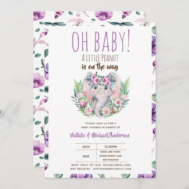 Invitation Oh Bébé Un Petit Baby shower Eléphant Boho Arachid (Devant / Derrière)