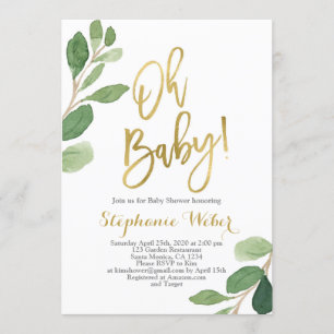 Invitation Oh Bébé verdure et baby shower doré