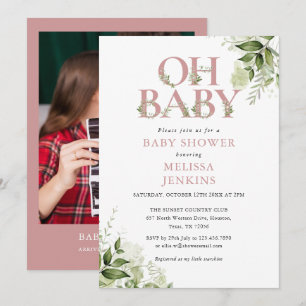 Invitation Oh Bébé Verdure Rose Poussiéreuse Photo Baby Showe