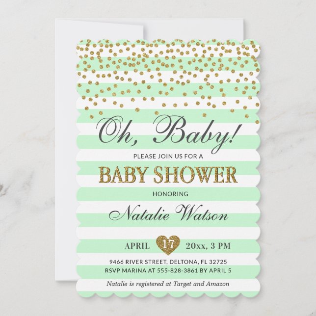 Invitation Oh Bébé Vert Menthe Or Fête de Bébé Mixte (Devant)