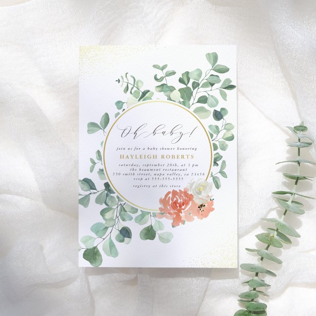 Invitation Oh Bébé Vert rose Floral Baby shower fille (Créateur téléchargé)