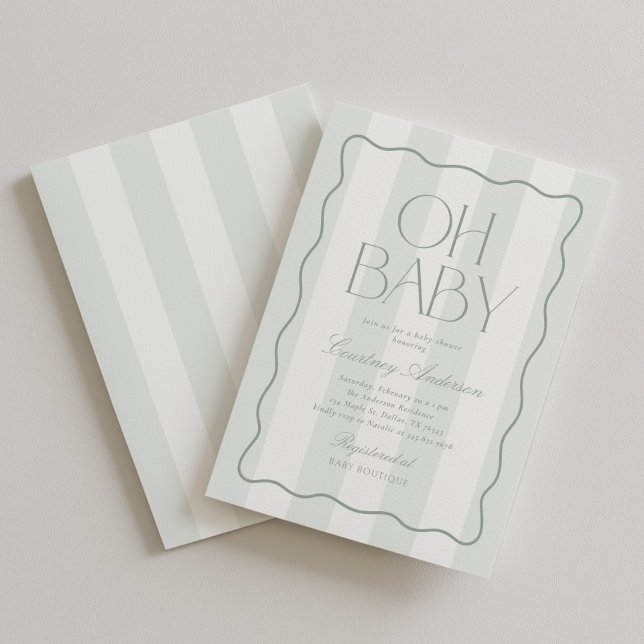 Invitation Oh Bébé Vert Sauge Moderne Rayé Baby Shower (Créateur téléchargé)