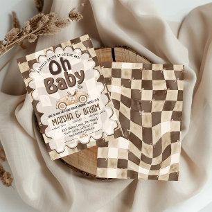 Invitation Oh Bébé Voiture de Course Damier Moka Baby Shower