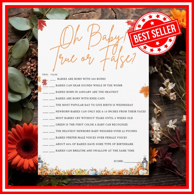 Invitation OH BÉBÉ VRAI OU FAUX Baby shower CITROUILLE de jeu (OH BABY TRUE OR FALSE Easy Baby Shower Game A Little Pumpkin is on the Way Fall Autumn Theme )