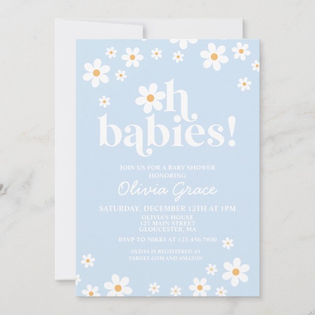 Invitation Oh Bébés! Baby shower bleu pâle aux marguerites (Devant)