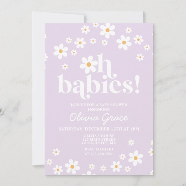Invitation Oh Bébés! Fête de naissance bébé fille lilas daisy (Devant)