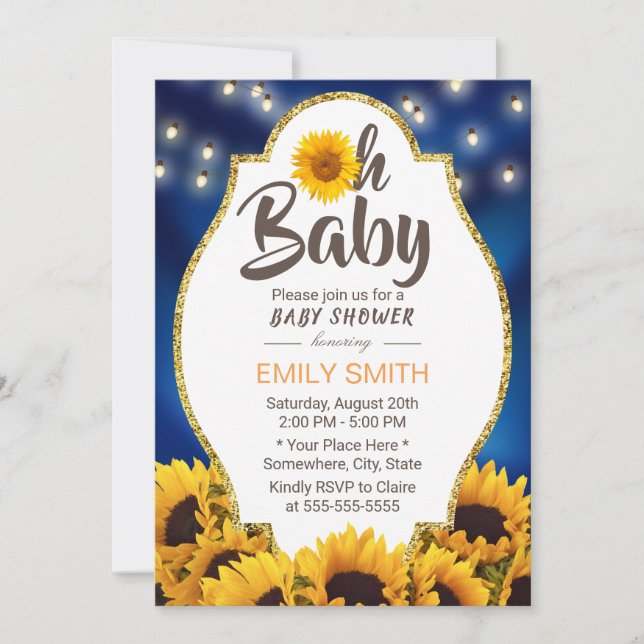 Invitation Oh bleu marine rustique de tournesols de baby (Devant)