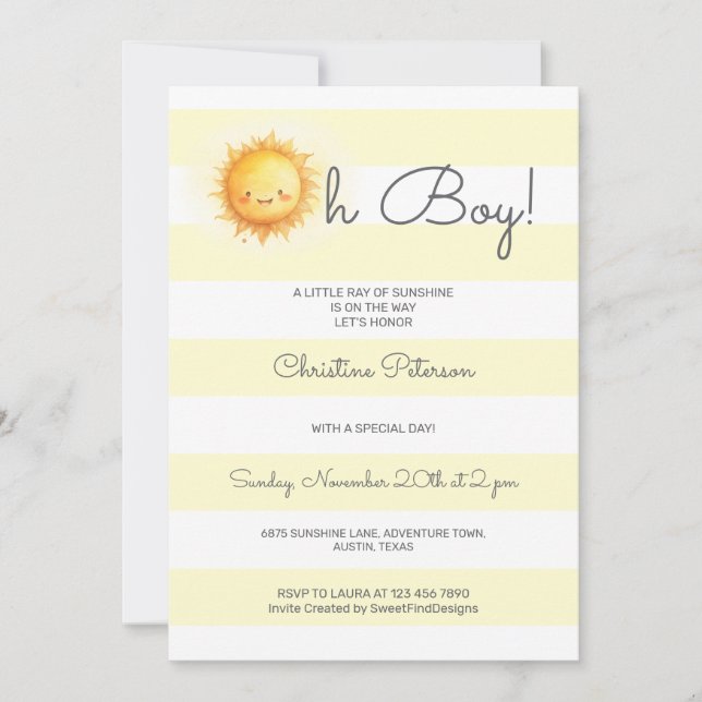 Invitation Oh Boy A Little Ray of Sunshine Baby Shower (Devant)