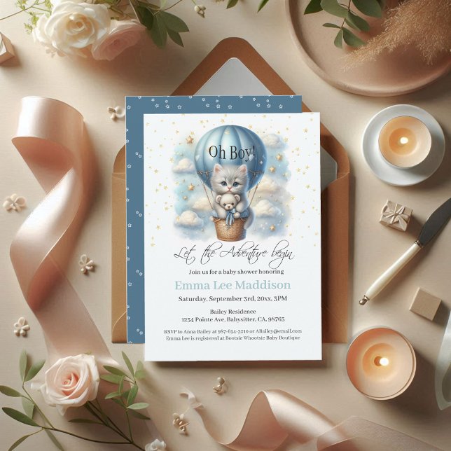 Invitation Oh Boy Adventure Await Kitten in Hot Air Balloon (Créateur téléchargé)