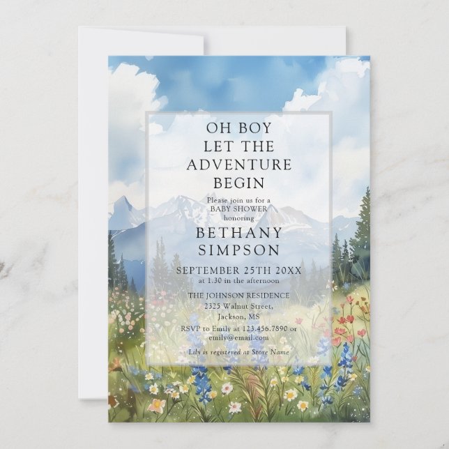 Invitation Oh Boy Adventure Begin Mountain Floral Baby Shower (Devant)