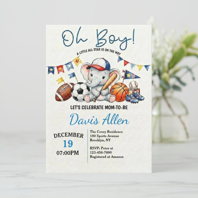 Invitation Oh Boy ALL STAR SPORT Baby Shower (Debout devant)