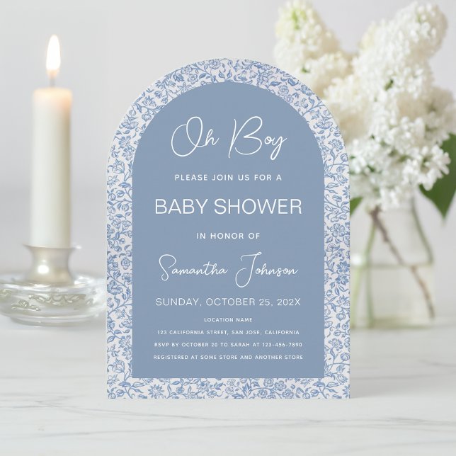 Invitation Oh Boy Arche Bleu Motif Floral Imprimé Baby Shower (Créateur téléchargé)