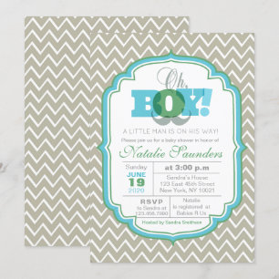 Invitation Oh Boy Baby shower bleu et vert Mustache