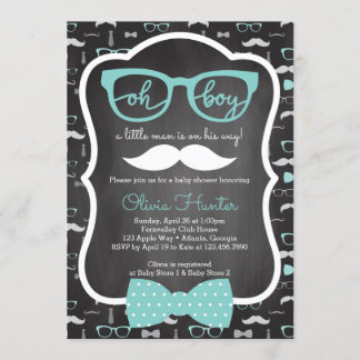 Invitation Oh Boy Baby shower Invitation, Bleu, Gris