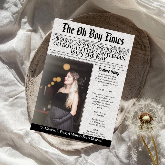 Invitation Oh Boy Baby Shower Newspaper Unique Fun Photo (Créateur téléchargé)