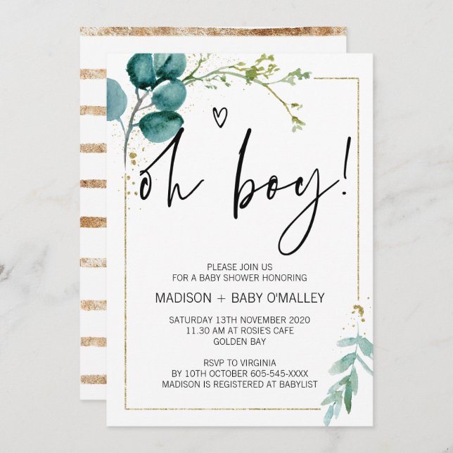 Invitation Oh Boy Baby shower Party Modern Gold Eucalyptus (Devant / Derrière)