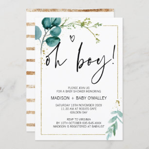 Invitation Oh Boy Baby shower Party Modern Gold Eucalyptus