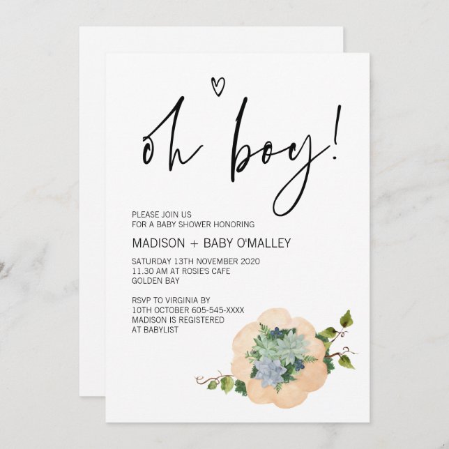Invitation Oh Boy Baby shower Party Thanksgiving Fall (Devant / Derrière)