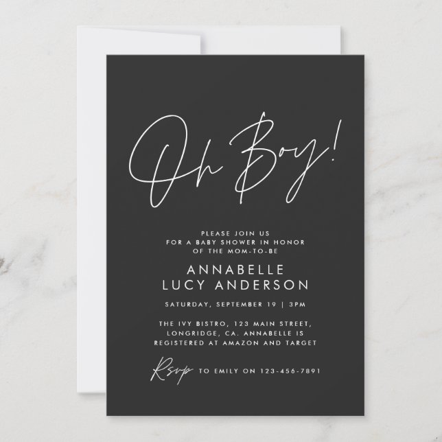 Invitation oh Boy baby shower script bébé noir élégant (Devant)