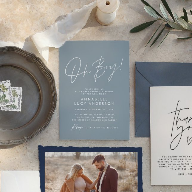Invitation oh Boy baby shower script moderne bébé bleu élégan (Créateur téléchargé)