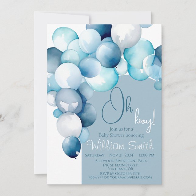 Invitation Oh Boy ballons bleus arche Baby Shower (Devant)