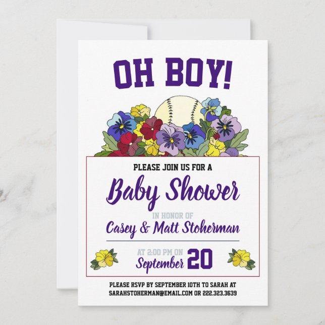 Invitation Oh Boy Baseball en Baby shower Fleurs (Devant)
