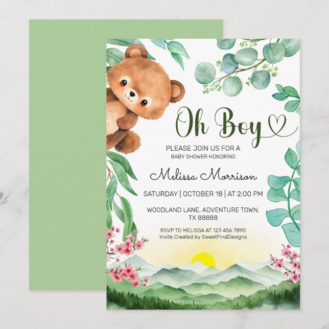 Invitation Oh Boy Bear Baby shower d'été (Devant / Derrière)