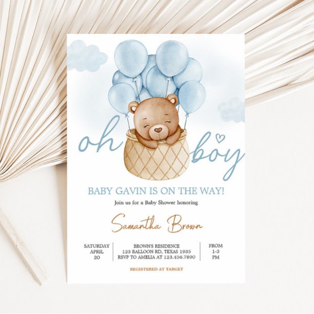 Invitation Oh Boy Bear Hot Air Baby shower de ballon (Blue Boho Bear Baby Shower Invitation)