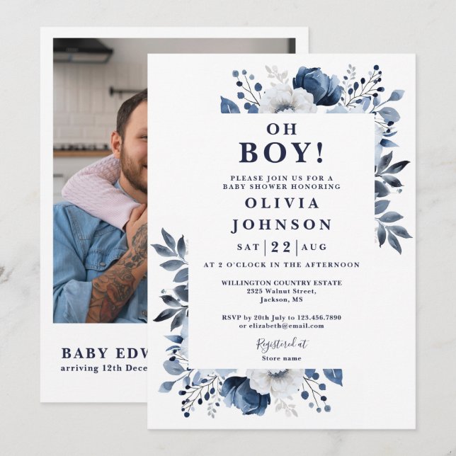 Invitation Oh Boy Bleu Marine Floral Photo QR Baby Shower (Devant / Derrière)