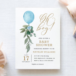 Invitation Oh Boy Blue Balloon Baby shower de verdure