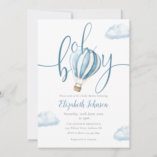 Invitation Oh Boy Blue Balloon QR Code Baby shower photo (Devant)