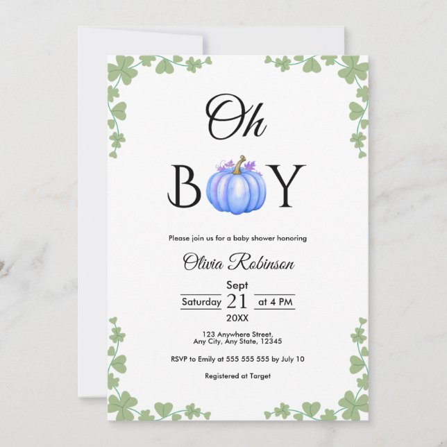 Invitation Oh Boy Blue Citrouille Baby shower d'automne (Devant)