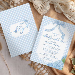 Invitation Oh Boy Blue Gingham Carreaux Hydrangea Baby Shower