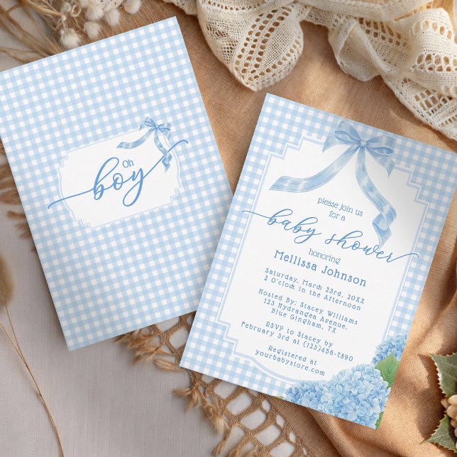 Invitation Oh Boy Blue Gingham Carreaux Hydrangea Baby Shower (Créateur téléchargé)