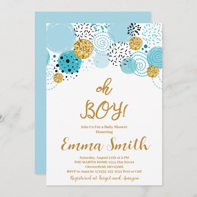 Invitation Oh Boy Blue Gold Parties scintillant Baby shower I (Devant / Derrière)