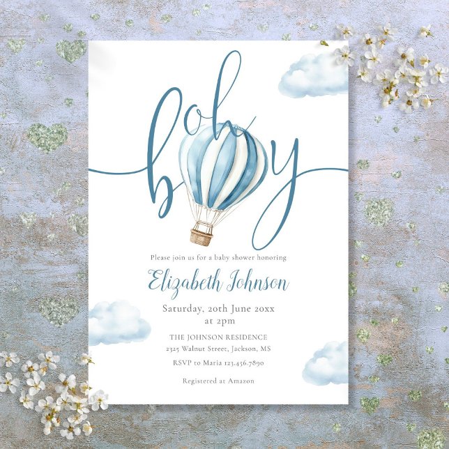 Invitation Oh Boy Blue Hot Air Baby shower (Oh Boy Blue Hot Air Balloon Baby Shower Invitation)