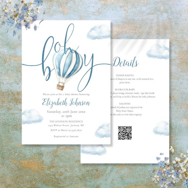 Invitation Oh Boy Blue Hot Air Balloon Tout En Un Baby shower (Oh Boy Blue Hot Air Balloon All In One Baby Shower Invitation)