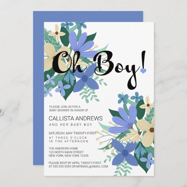 Invitation Oh Boy Blue Ivory Floral Bouquet Baby shower (Devant / Derrière)
