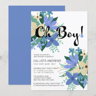 Invitation Oh Boy Blue Ivory Floral Bouquet Baby shower