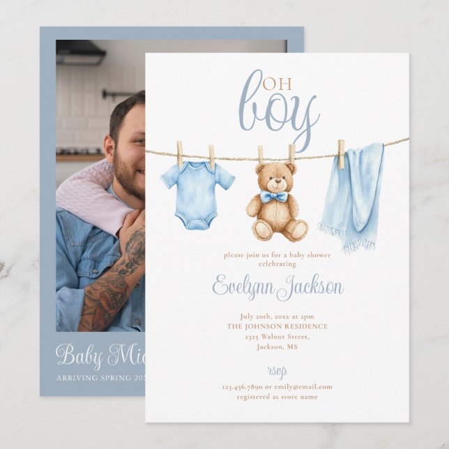 Invitation Oh Boy Blue Linge à Linge Baby Shower Photo QR Cod (Devant / Derrière)
