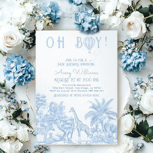 Invitation Oh Boy Blue Toile Safari Baby shower animal