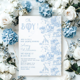 Invitation Oh Boy Blue Toile Safari Baby shower animal