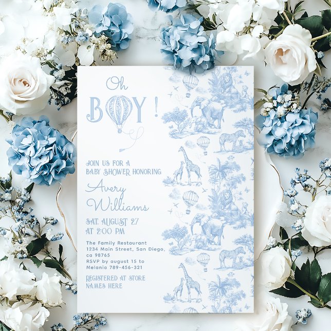 Invitation Oh Boy Blue Toile Safari Baby shower animal (Créateur téléchargé)