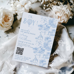 Invitation Oh Boy Blue Toile Safari Baby shower animal