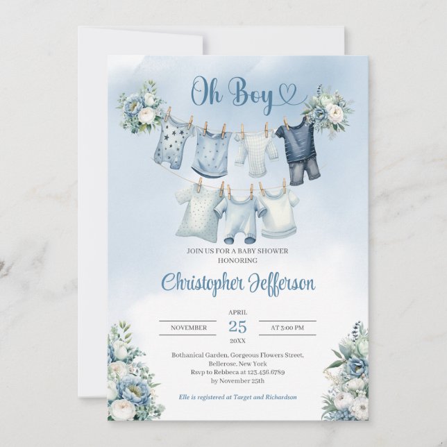 Invitation Oh Boy Boho Baby Vêtements Baby shower de ligne (Devant)