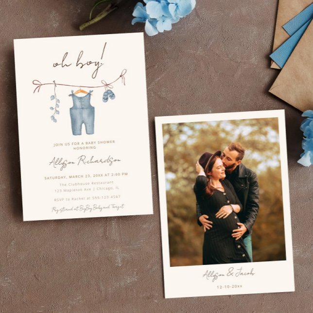 Invitation Oh Boy Boho bébé vêtements bleu baby shower (Créateur téléchargé)