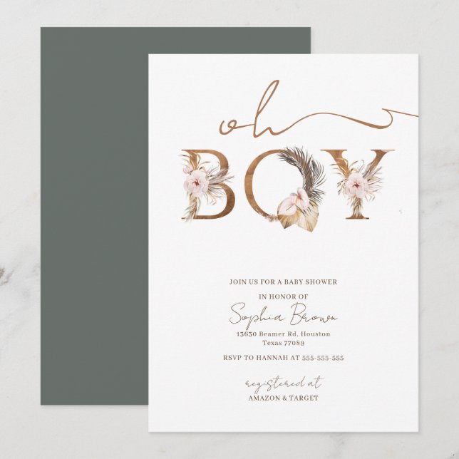 Invitation Oh Boy Boho Fleurs tropicales Baby shower garçon (Devant / Derrière)