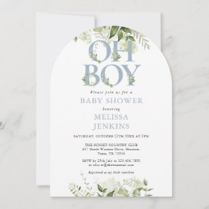 Invitation Oh Boy Botanical Greenery Bleu Poussiéreux Baby Sh