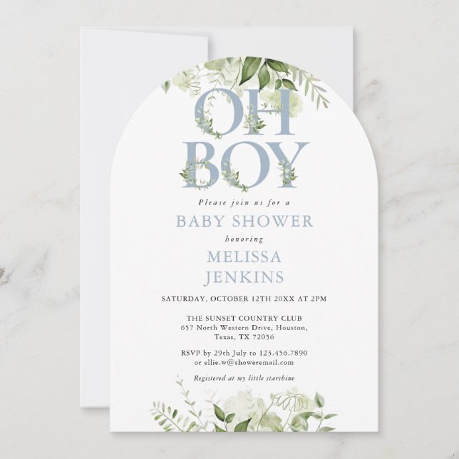 Invitation Oh Boy Botanical Greenery Bleu Poussiéreux Baby Sh (Devant)